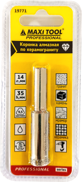 Коронка алмазная по керамограниту  D=14мм, 19771 высота 40мм, блистер MaxiTool(500шт/кор)