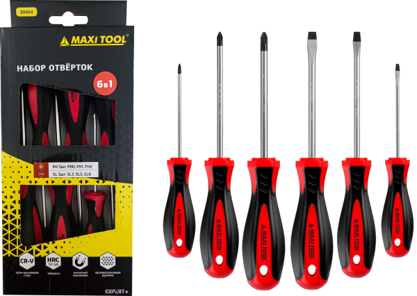 Набор отверток 89464 Expert 6 шт, 2К рукоятки, магнитн.наконечник (32) MaxiTool 