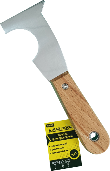 Скребок 3в1 62мм,  89818, усилен, с лезвием из нерж стали, дерев ручка(12/240шт) MaxiTool
