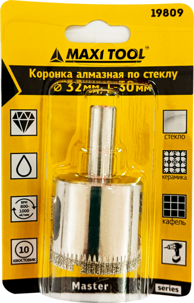 Коронка алмазная по керамике стеклу  D=32мм, 19809 высота 30мм, блистер MaxiTool(250шт/кор)