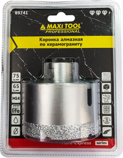 Коронка алмазная по керамограниту  D=75мм, 89741  высота 65мм, M14, блистер MaxiTool(50шт/кор)