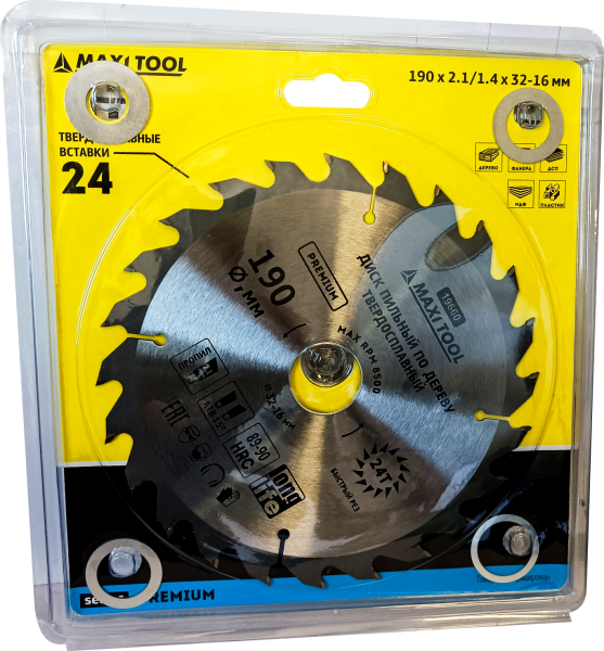 Диск пильный 190х24Тх32мм 19660 по дереву, 89-90HRC адаптеры 16/20/22/25/30 (50шт/кор)MaxiTool