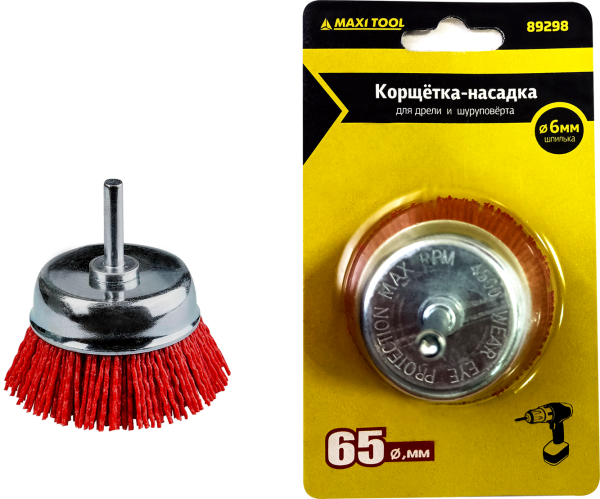 Щетка д/дрели Чашка  65*6 мм 89298  со шпилькой нейлоновая (180) MaxiTool
