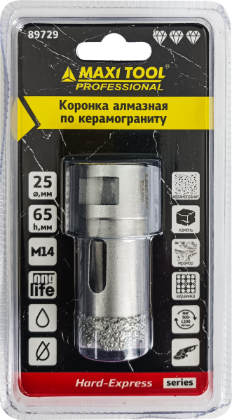 Коронка алмазная по керамограниту  D=25мм, 89729  высота 65мм, M14, блистер MaxiTool(100шт/кор)