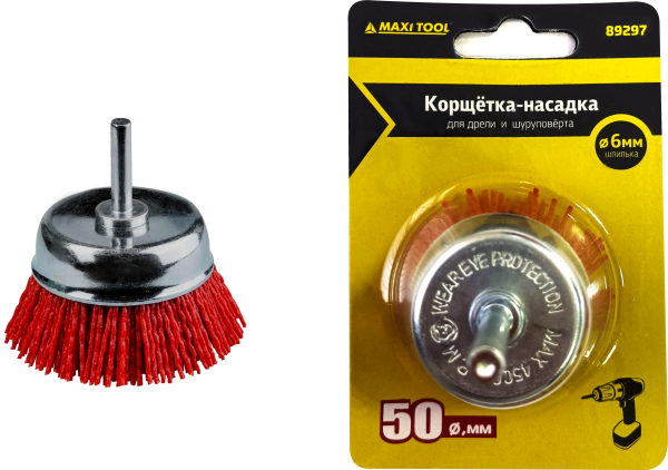 Щетка д/дрели Чашка  50*6 мм 89297  со шпилькой нейлоновая (180) MaxiTool