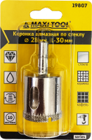 Коронка алмазная по керамике стеклу  D=28мм, 19807 высота 30мм, блистер MaxiTool(250шт/кор)