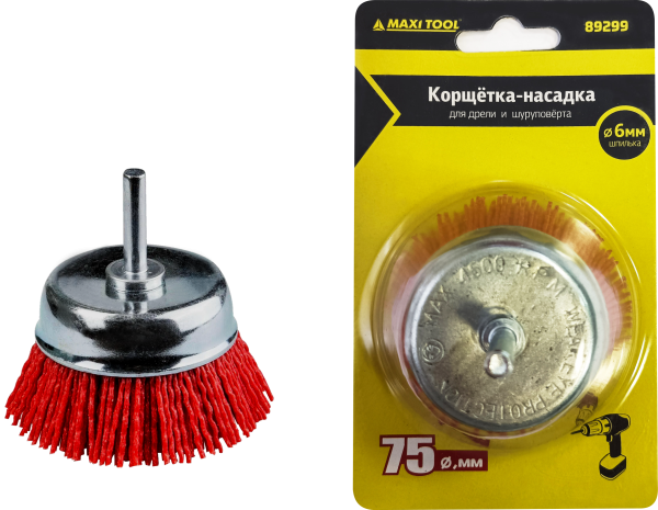 Щетка д/дрели Чашка  75*6мм 89299  со шпилькой нейлоновая (180) MaxiTool
