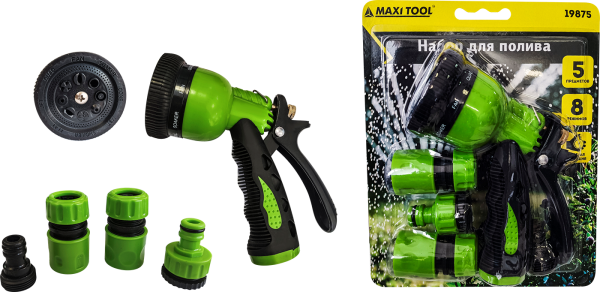 Набор д/полива 19875 (пистолет 8 реж.п.в+2соедин.+2адапт.) (48шт/кор)БЛИСТЕРMaxiTool