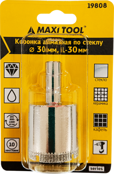 Коронка алмазная по керамике стеклу  D=30мм, 19808 высота 30мм, блистер MaxiTool(250шт/кор)