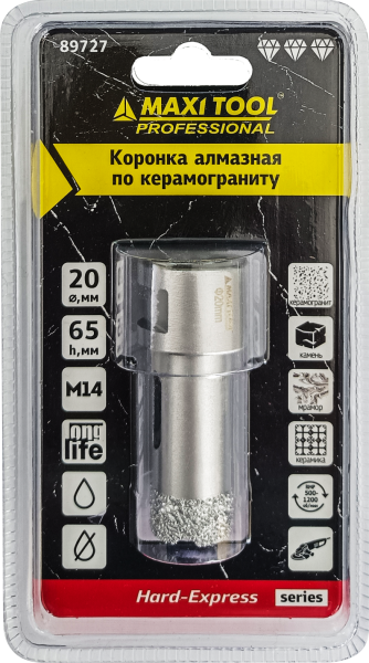 Коронка алмазная по керамограниту  D=20мм, 89727  высота 65мм, M14, блистер MaxiTool(100шт/кор)