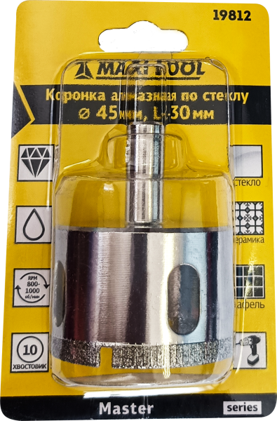 Коронка алмазная по керамике стеклу  D=45мм, 19812 высота 30мм, блистер MaxiTool(100шт/кор)