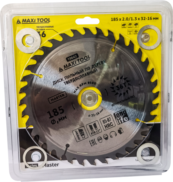 Диск пильный 185х36Тх32мм 19642 по дереву, 85-87HRC адаптеры 16/20/22/25/30 (50шт/кор)MaxiTool
