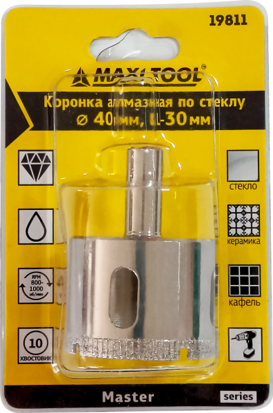 Коронка алмазная по керамике стеклу  D=40мм, 19811 высота 30мм, блистер MaxiTool(150шт/кор)
