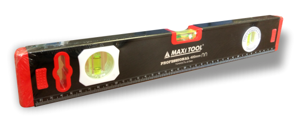 Уровень 19405 черн. 40см противоуд. 3 гл+магнит+линейка+угломер, резин.загл.фрезир.основ(40)MaxiTool