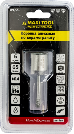 Коронка алмазная по керамограниту  D=6мм, 89721  высота 65мм, M14, блистер MaxiTool(100шт/кор)