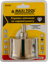 Коронка алмазная по керамогран  D=70мм 19787, h=40мм,+сверло(d=7мм/h=55мм)блистер MaxiTool(50/кор)