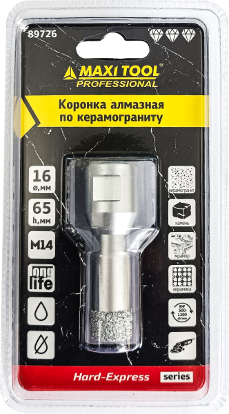 Коронка алмазная по керамограниту  D=16мм, 89726  высота 65мм, M14, блистер MaxiTool(100шт/кор)