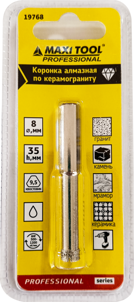 Коронка алмазная по керамограниту   D=8мм, 19768 высота 40мм, блистер MaxiTool(500шт/кор)