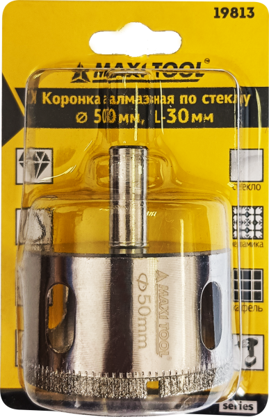 Коронка алмазная по керамике стеклу  D=50мм, 19813 высота 30мм, блистер MaxiTool(100шт/кор)
