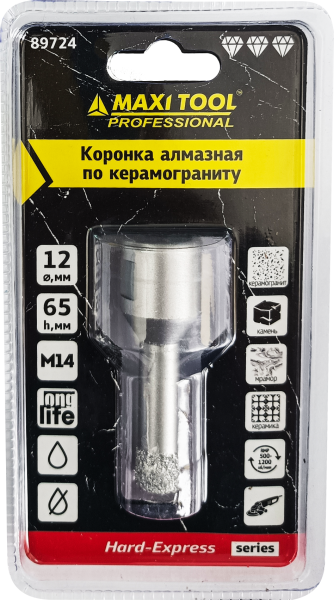 Коронка алмазная по керамограниту  D=12мм, 89724  высота 65мм, M14, блистер MaxiTool(100шт/кор)